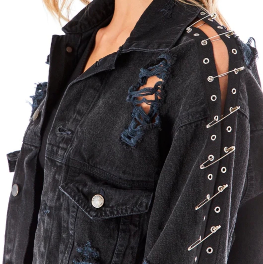 Carmar Audrey Safety Pin Sleeve Shredded Black Denim Jacket - Picture 4 of 10